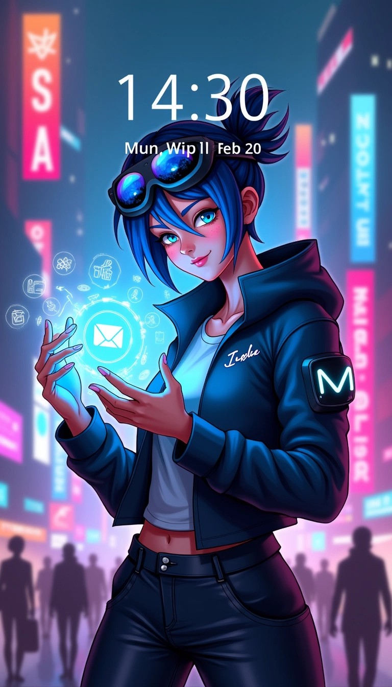 Design a digital wallpaper featuring a futuristic character with an adventurous look. The character should have stylish hair with bright blue highlights and wear high-tech goggles. Instead of wielding a weapon, the character can be holding a holographic interface displaying various digital symbols and icons.
The background should depict a vibrant cityscape at night, filled with neon lights and abstract geometric patterns, creating a sense of dynamism. The color palette should focus on shades of blue, purple, and pink with glowing accents. The time display should be altered to a different format, such as “14:30” and the date can be changed to “Mon, Feb 20.” Remove any brand logos or references, focusing solely on the character and atmosphere.