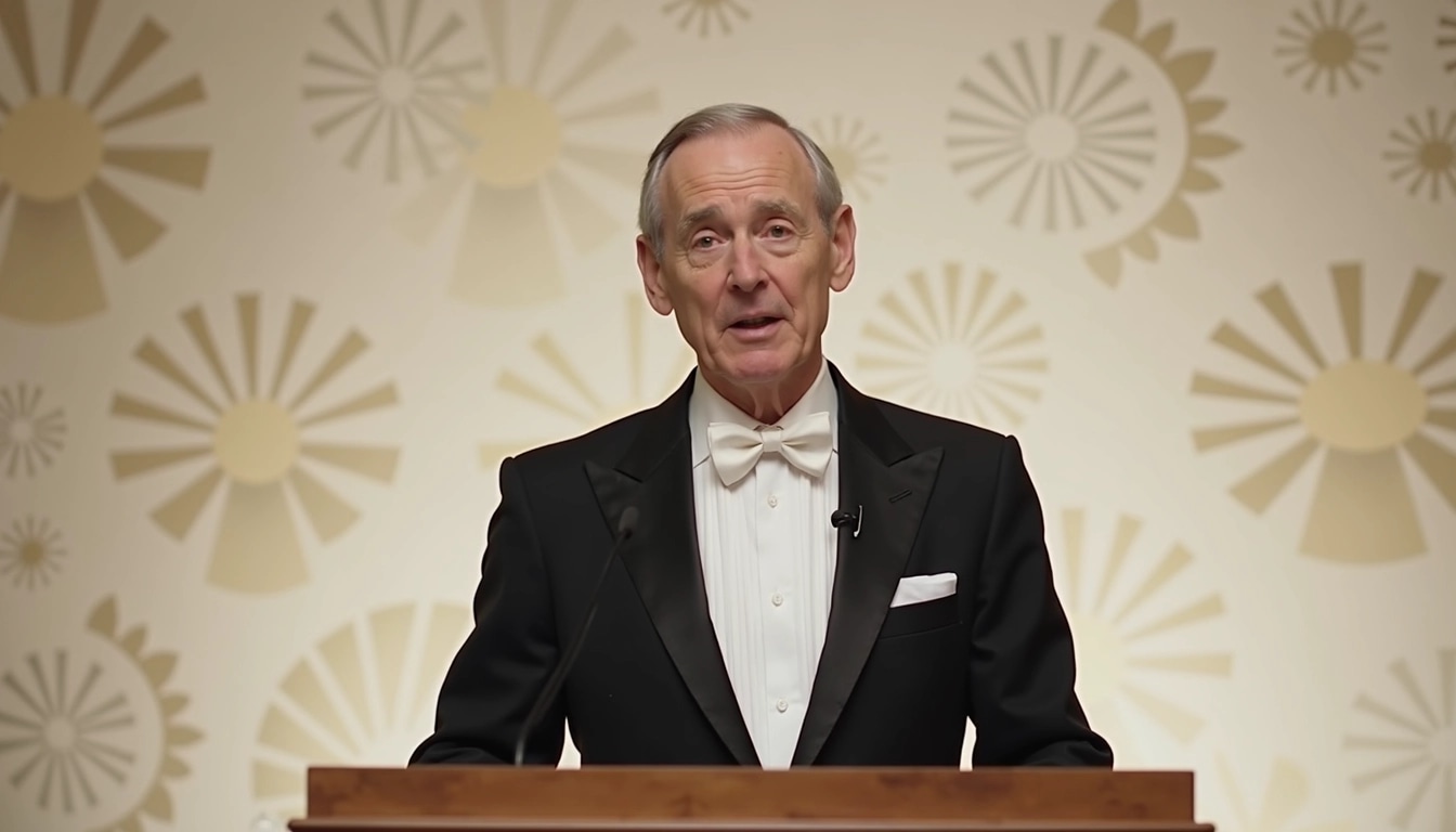 Create an image of a distinguished speaker at a podium, wearing a classic black tuxedo with a white bow tie. The background should feature soft, abstract patterns in light shades, enhancing a formal atmosphere. Replace any visible brand logos or symbols with neutral geometric designs. Include elements like a few simple decorative items on the podium, adding a touch of elegance without overwhelming the scene. The speaker should appear thoughtful, engaging with an unseen audience.