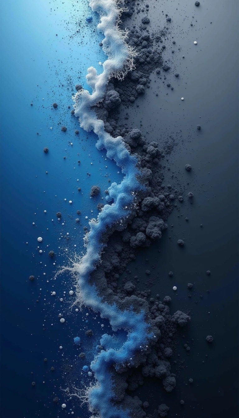 Create a design featuring a gradient background that transitions from a deep royal blue on the left side to a dark slate gray on the right. Incorporate dynamic splatters and swirling textures throughout both sides, with subtle hints of lighter blues and silver to add depth. The transition between the two colors should be soft, with a smooth blending effect in the center. Aim for an abstract, moody feel, with an emphasis on fluid movement and energy.