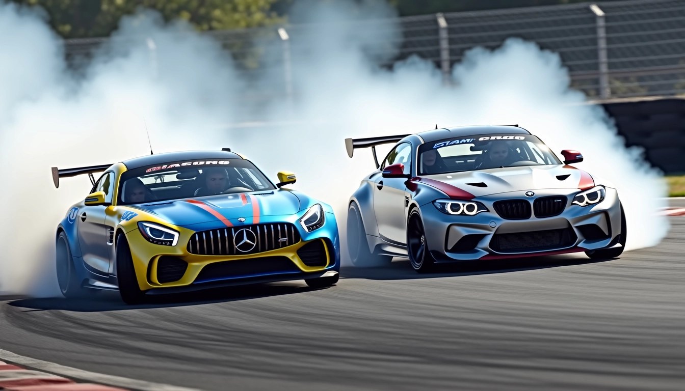 Create an image featuring two race cars drifting on a smoky racetrack. One car should be painted in a vibrant blue with contrasting yellow accents, while the other is a sleek silver with dark red highlights. The background should be filled with billowing clouds of tire smoke, conveying a sense of speed and excitement. The scene should exclude any logos or brand names, emphasizing the dynamic action between the two vehicles as they navigate sharp turns amidst a dramatic atmosphere.