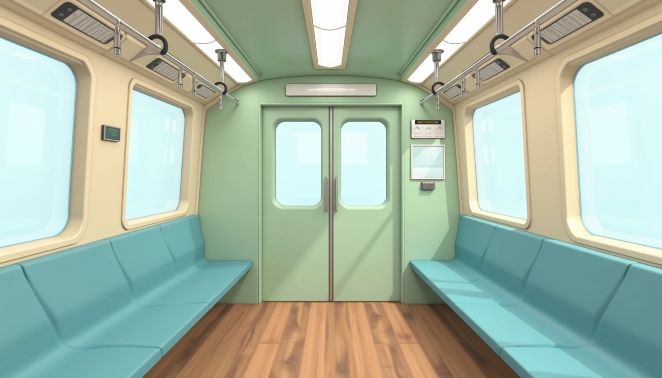 Design a simplified subway car interior featuring:
1. **Seating**: Replace the brown benches with light blue upholstered seats.
2. **Walls**: Change the wall color from beige to a soft mint green, with subtle texture for added depth.
3. **Windows**: Modify the windows to be larger and rounded at the edges, with a frosted glass effect.
4. **Handles**: Use sleek, curved hanging handles instead of straight poles for a modern look.
5. **Flooring**: Introduction of a wood-like floor pattern for a warm feel instead of the current flat surface.
6. **Lighting**: Add LED strip lighting along the ceiling for a contemporary vibe.
7. **No signage**: Remove any branding or signage on the walls, ensuring a clean finish.
8. **Accessories**: Include a small interactive digital display panel instead of paper notices.
This new design maintains the essence of a subway car while refreshing several key features.