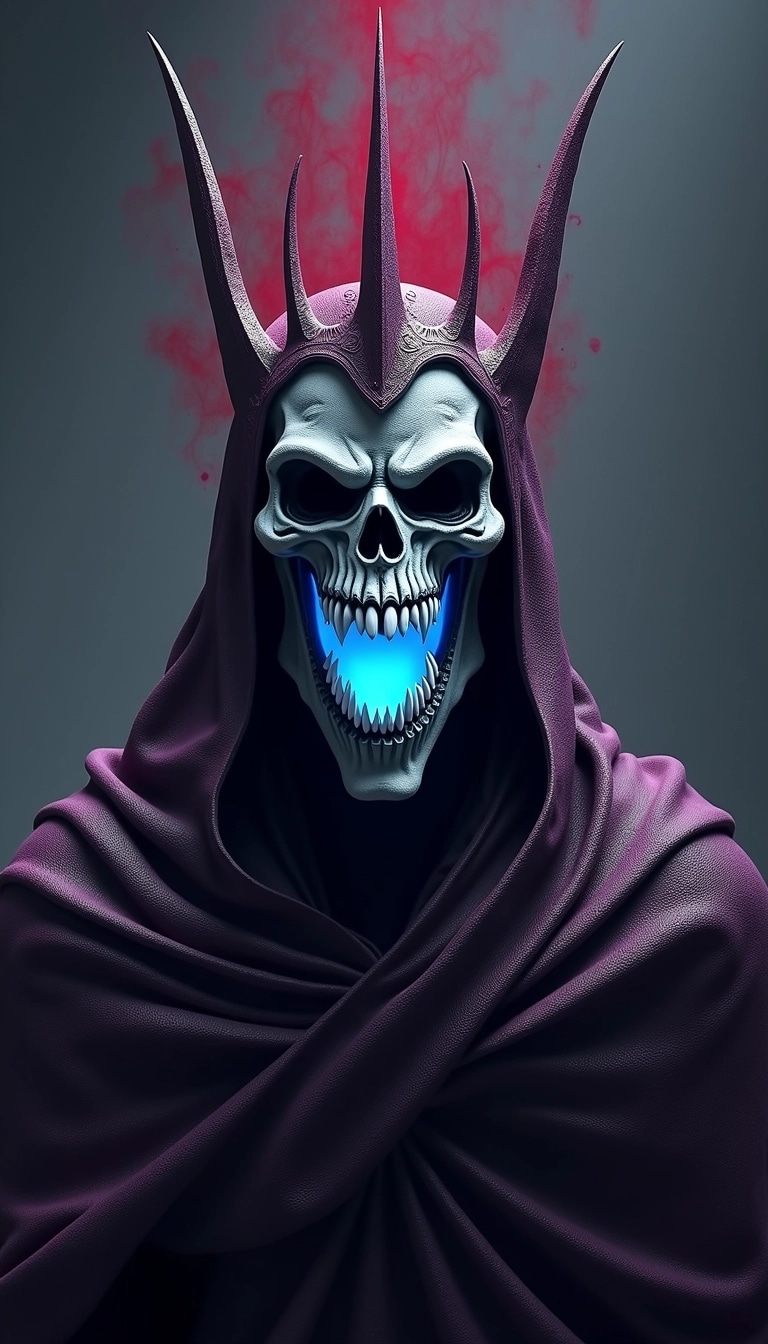 Create an imposing figure with a dark, ethereal appearance. The character should have a tall, jagged crown with sharp peaks, but change the color to a deep crimson. The face should be skeletal and feature an exaggerated, wide grin filled with sharp teeth, glowing with a bright, unnatural blue light. The attire should resemble a flowing cloak, textured with intricate patterns, and should be a mix of dark purple and silver. The background should be a gradient of dark tones, enhancing the ominous atmosphere without any brand references.