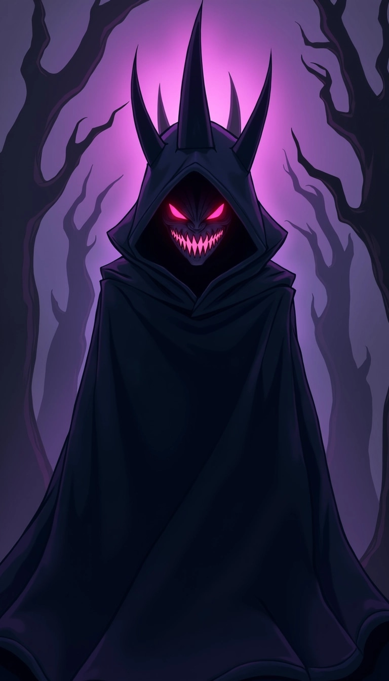 Create an ominous character design featuring a cloaked figure with a large, jagged crown instead of a smooth one. The figure should have a sinister, wide grin with sharp teeth and glowing red eyes, but the entire color scheme should be a mix of dark purple and black instead of blue. The background should be a gradient of dark purples and blacks to enhance the eerie atmosphere, with faint silhouettes of twisted, abstract shapes that complement the figure’s menacing presence.