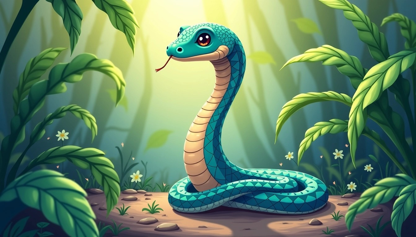 Create an illustration of a snake standing upright, similar in posture to a cobra, but with a vibrant blue-green coloration instead of brown. Remove any distinct patterns on the skin and add smooth scales for a sleek appearance. The background should feature lush greenery, but with exaggerated, larger leaves to create a more whimsical environment.