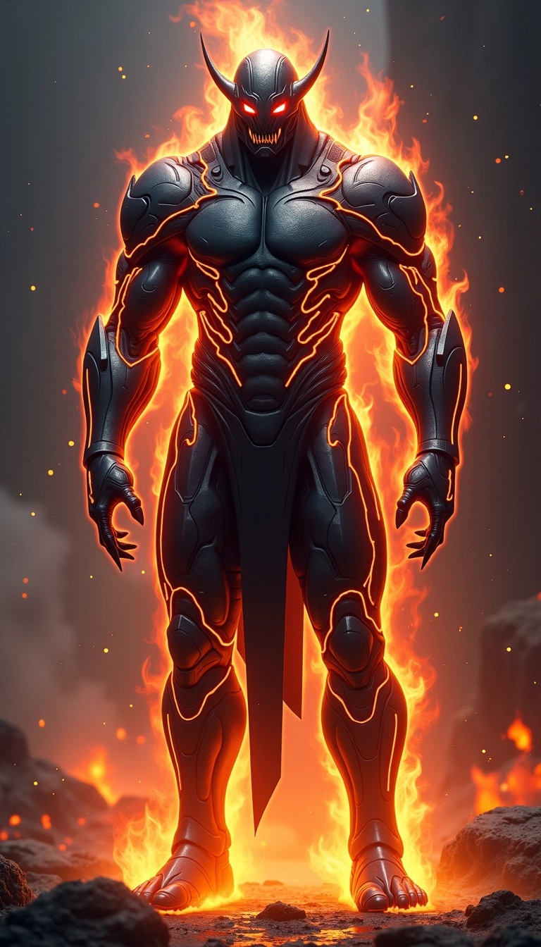 **Design Breakdown:**
1. **Silhouette:**
- Retain a towering, humanoid figure but modify the proportions to make it slightly bulkier with broader shoulders and a more defined waist.
2. **Armor:**
- Change the angular armor design to a smoother, more organic shape, incorporating flowing lines that resemble liquid or molten material.
3. **Color Scheme:**
- Instead of dark blue and black, use deep red and silver, creating a contrast that exudes heat and intensity.
4. **Lighting Effects:**
- Introduce glowing veins of magma-like orange and yellow that pulse throughout the body, rather than the blue energy.
5. **Background:**
- Replace the dark gradient with a swirling fiery background that hints at an underground environment, emphasizing the character’s fiery nature.
6. **Energy Effects:**
- Modify the energy wisps to appear as flickering flames, curling and flickering around the figure, enhancing the dynamic feel of the image.
7. **Facial Features:**
- Design the facial area to be more beast-like with a fierce, snarling expression rather than a helmeted look, showcasing elongated canines.
8. **Hands:**
- Redesign the hands to have claw-like fingers that end in sharp tips, emphasizing strength and aggression.
By implementing these features, the overall design transforms into a fierce, fiery entity while maintaining the original's imposing nature.