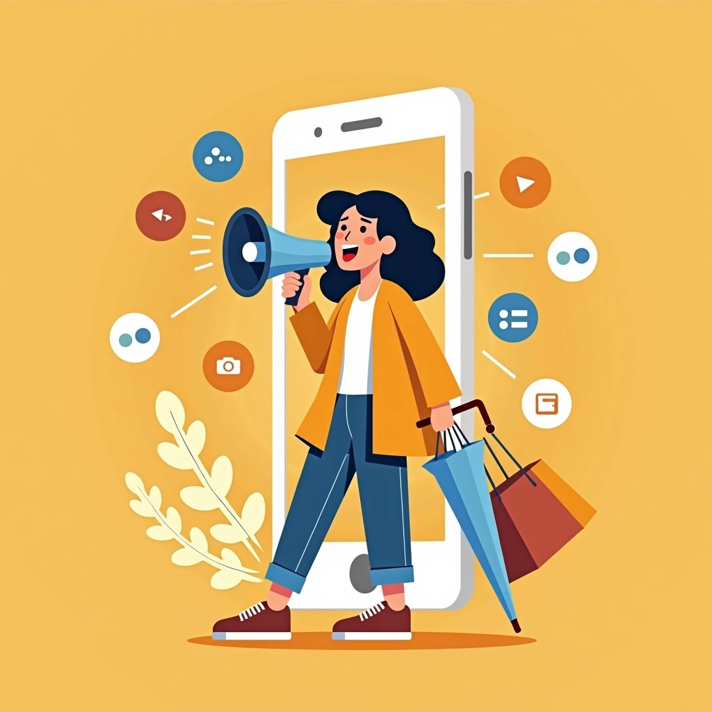 Design an image featuring a woman enthusiastically shouting into a megaphone while emerging from a large, generic smartphone outline. Instead of social media icons, include colorful symbols representing communication, shopping, and engagement. Change the woman's clothing to be casual and vibrant, and replace the umbrella with a shopping bag. Use a bright, solid background color to keep the focus on the subject and elements around her.