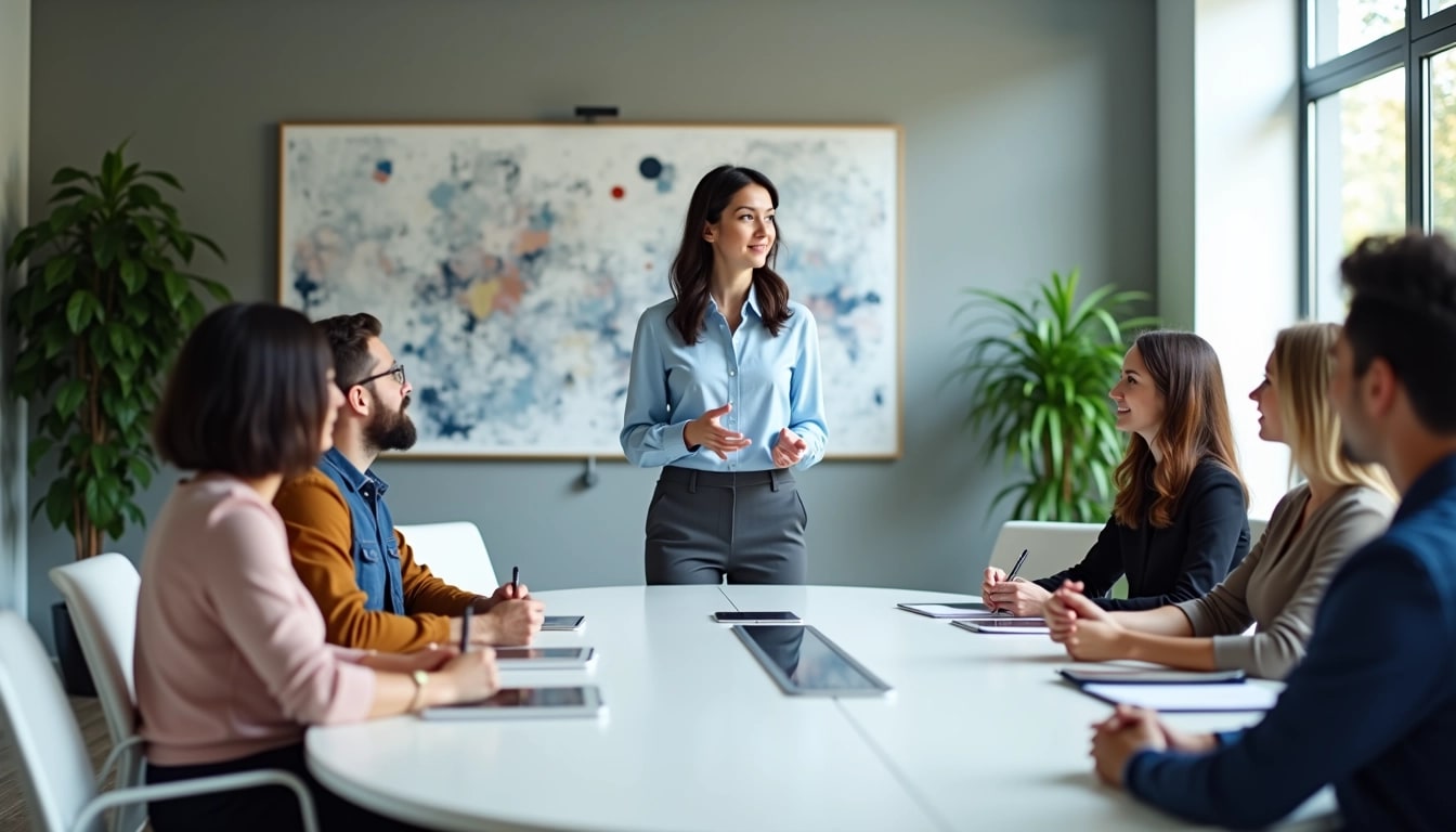 Design a scene set in a modern office conference room. The room has a large, oval table surrounded by sleek chairs. A woman with dark hair is standing confidently, presenting to a mixed group of colleagues who are attentively listening. Change her outfit to a light blue blouse and tailored trousers. The wall features abstract artwork instead of the original decoration. Use natural lighting and ensure the room has green plants to add a touch of freshness. Each person at the table is using a tablet or notepad for notes, and there is a relaxed yet professional atmosphere.
