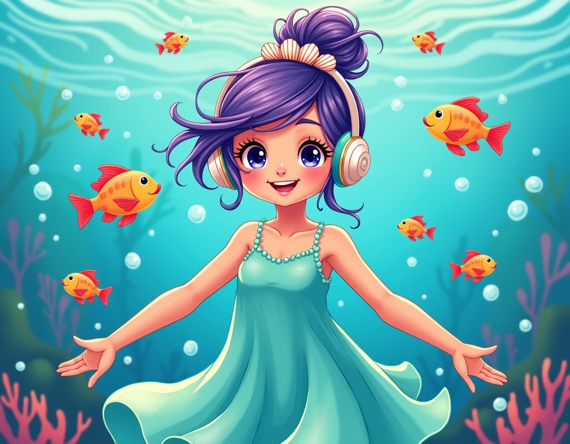 **Design Breakdown Prompt:**
Create an illustration featuring a girl underwater, surrounded by colorful fish. Change her hair to a vibrant purple and style it in a messy bun. Instead of headphones, depict her wearing a decorative hairband with seashells. Modify her outfit to a simple, flowy turquoise dress with a slight shimmer, replacing frills with soft waves. The background should remain an underwater scene with bright blues and greens, but add bubbles rising for a playful effect.