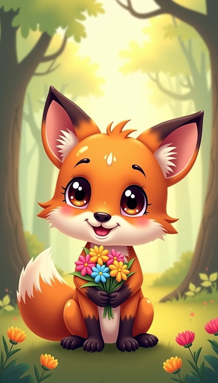 Create an illustration featuring a cute, cartoonish animal, such as a fox with large, expressive eyes. The fox should have a gentle smile and fluffy fur, holding a small bouquet of vibrant, colorful flowers. The background should be a whimsical, sunny forest setting with soft, glowing light filtering through the trees, creating a cheerful and enchanting atmosphere. Be sure to emphasize the playful and friendly demeanor of the fox, while avoiding any brand references or logos.