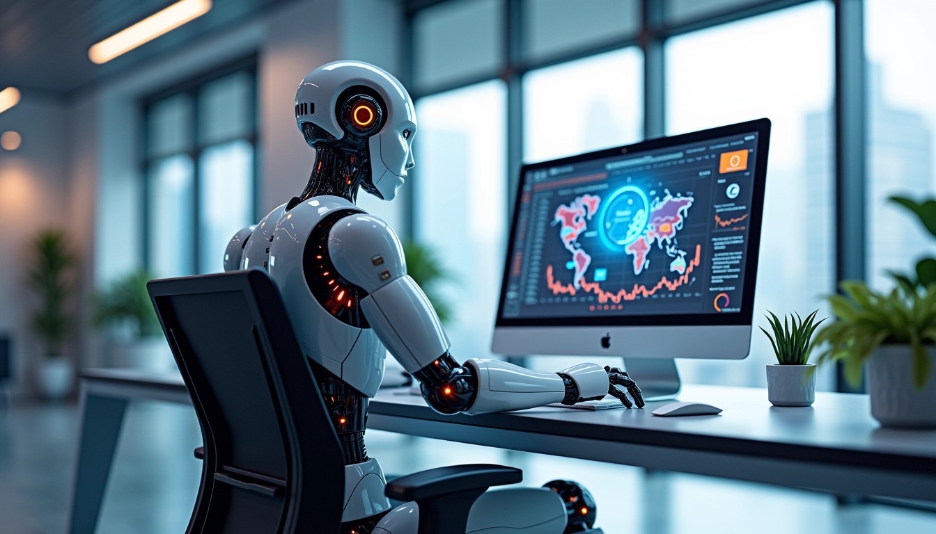 Design an image of a futuristic workspace featuring a humanoid robot sitting at a sleek, modern desk. The robot has a glossy, metallic exterior with soft, ambient lighting on its joints. Instead of a typical computer setup, there's a large interactive holographic display behind it, showcasing colorful graphical data and charts. The room boasts large windows with a view of a sci-fi cityscape, and the desk includes minimalist decor with some greenery. The overall color palette should be cool tones with accents of blue and silver, exuding a high-tech ambiance.