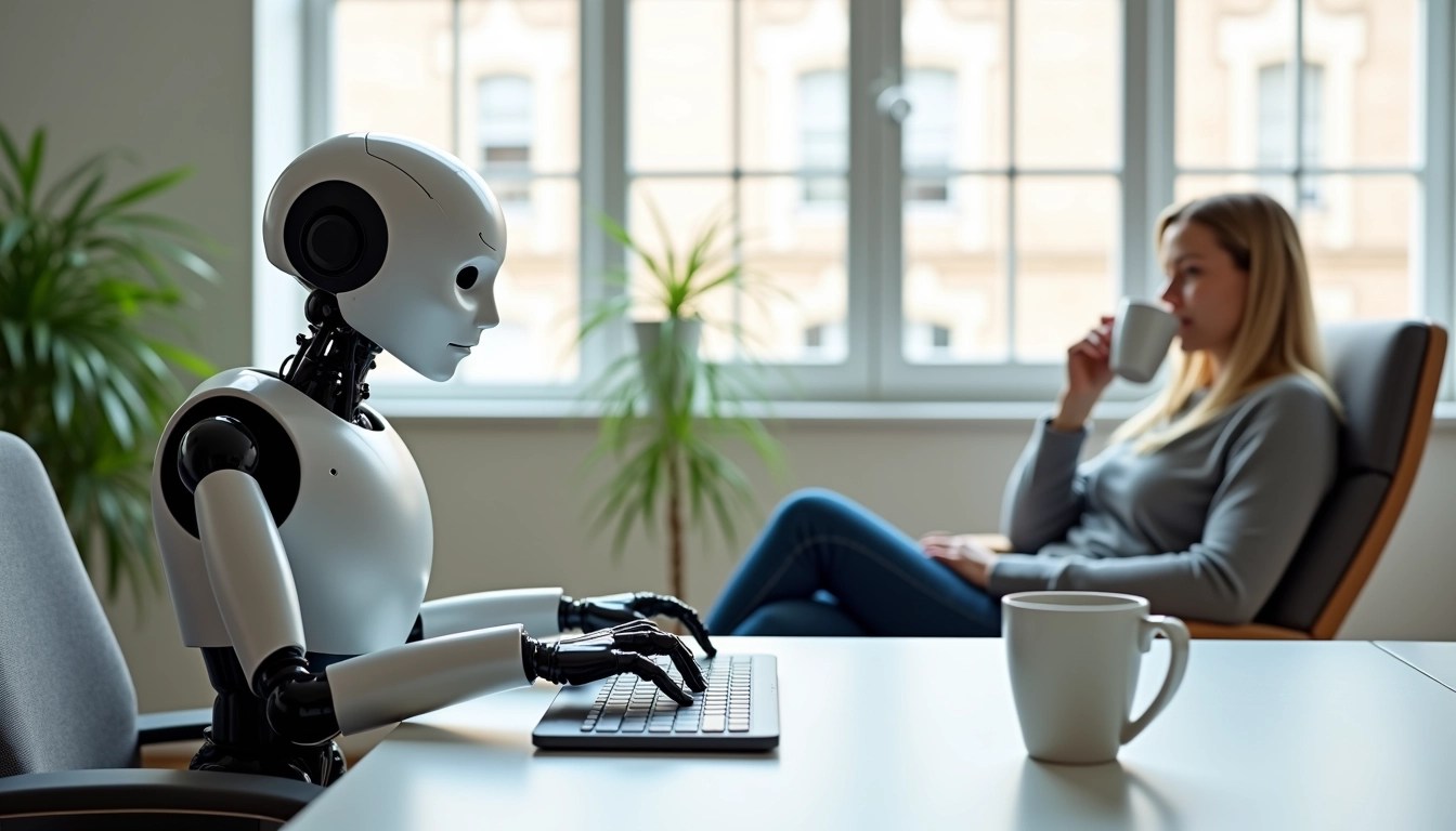 Create an image featuring a sleek humanoid robot with a smooth, matte finish, sitting at a modern, minimalist desk in a bright, airy office. The robot is typing on a simple keyboard, with a focus on its articulated fingers. In the background, include a relaxed person in casual attire, sipping from a white mug, seated in a cozy, ergonomic chair. The office has large windows letting in natural light, and decorative plants can be seen to enhance the environment. The robot's face should display an expression of concentration, with a futuristic yet approachable design. Remove any specific brand logos or references.