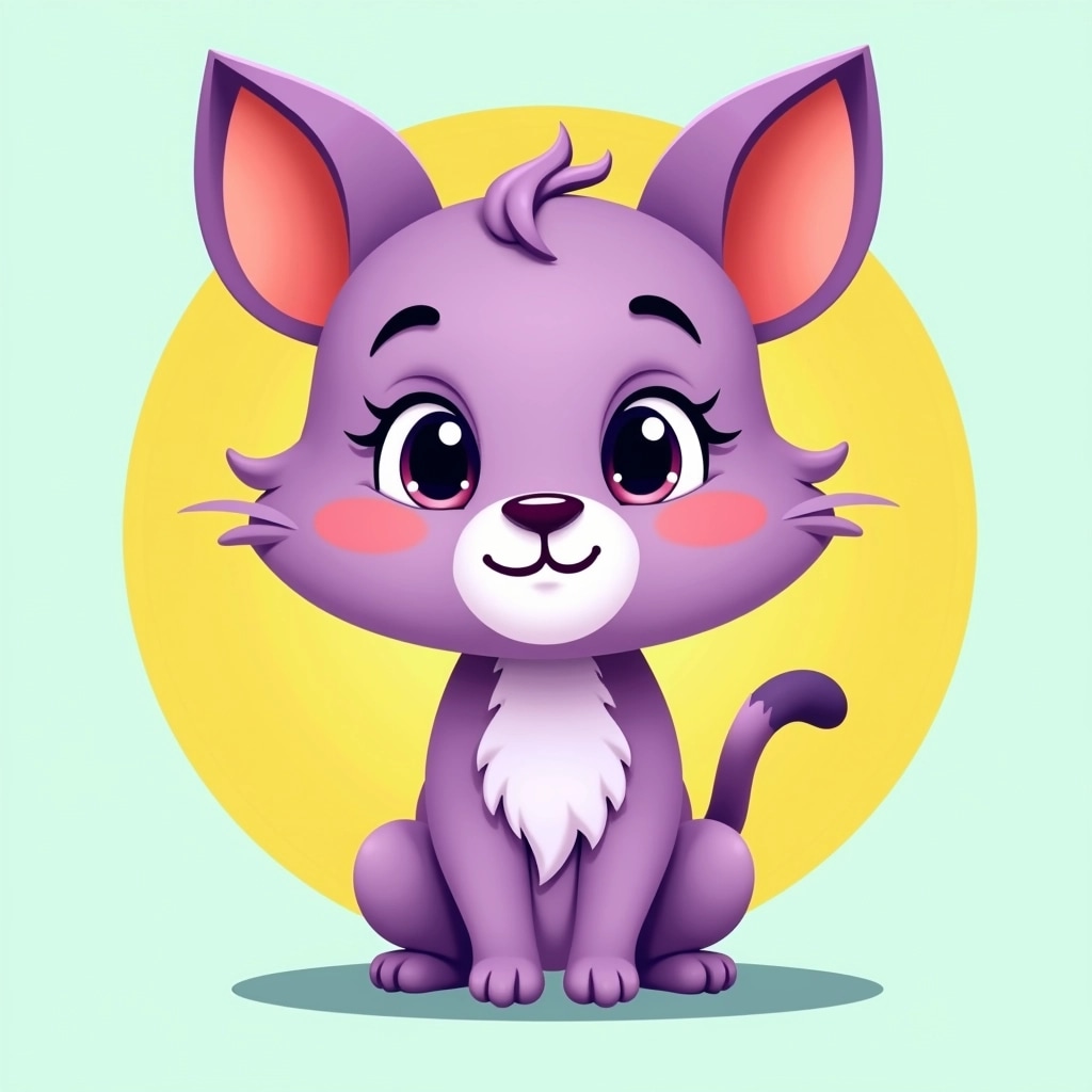 Create an illustration of a cartoon animal character with a round face and large, friendly eyes. The character should have fluffy ears and a playful expression. Swap the orange color for a vibrant purple shade for the body, and give it a lighter lavender hue on the underside. Change the whiskers to a single prominent one on each side, and remove any brand elements. Surround the character with a simple circle in a bright yellow, set against a soft teal background.