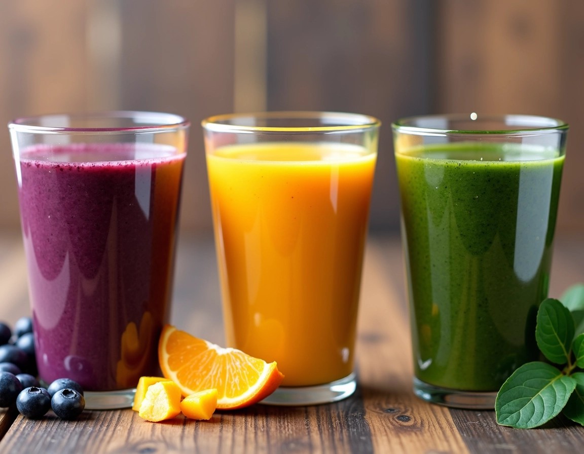 Create an image featuring three different fruit and vegetable smoothies in clear cups. Change the colors to a bright purple, a vibrant orange, and a deep forest green. Arrange the smoothies in a slightly curved line from left to right. Place fresh ingredients around the cups: purple berries beside the first cup, orange chunks next to the second, and dark leafy greens by the third. Use a wooden or textured surface as the background to enhance the natural feel of the setting.
