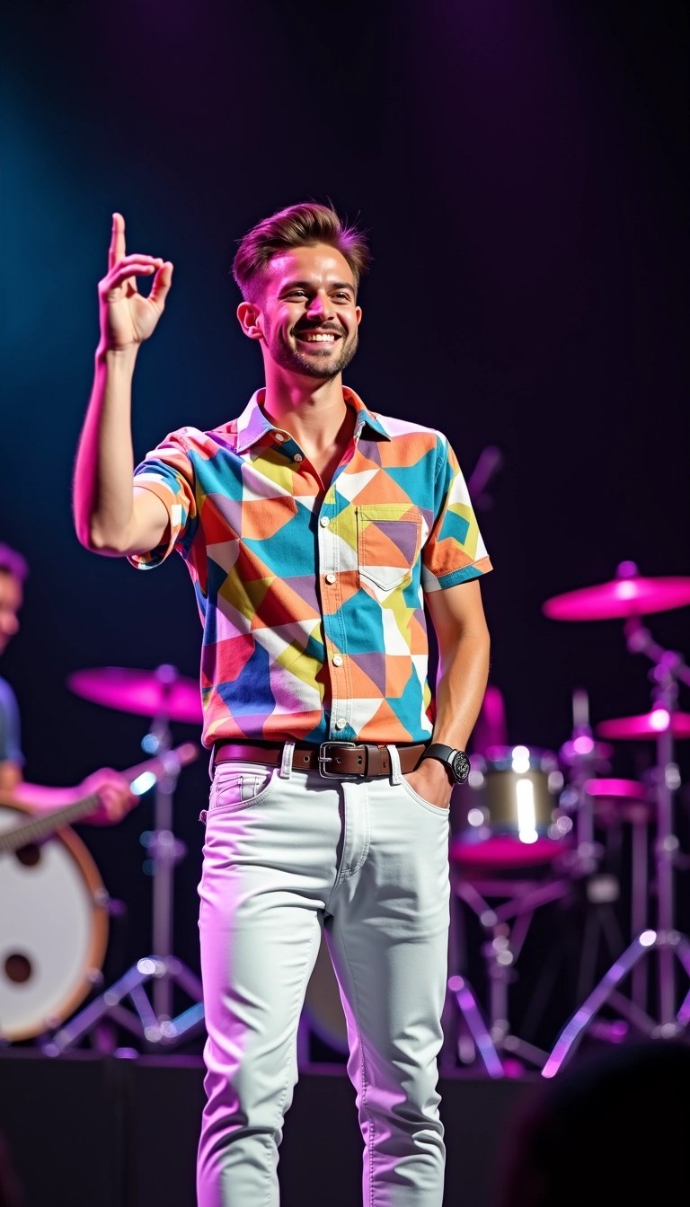 Create an image of a male performer with neatly styled hair, wearing a colorful, short-sleeved shirt with a geometric pattern. His pants should be fitted and in a light pastel shade. He stands confidently on stage, gesturing with one hand while smiling, with abstract musical instruments in the background and dim lighting for a vibrant atmosphere, avoiding any brand references.