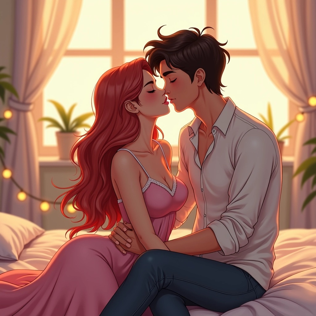 Create an illustration featuring two characters close to each other in a tender moment.
1. **Characters**:
- A woman with long, wavy hair in a vibrant color, wearing a fancy nightgown.
- A man with tousled hair, dressed in a casual button-up shirt, with rolled-up sleeves.
2. **Pose**:
- The woman is leaning in for a kiss, while the man holds her gently by the waist.
- They are seated together on a comfortable bed with soft, flowing fabric around them.
3. **Background**:
- Soft, romantic lighting emanating from a window with sheer curtains.
- Subtle decorations like fairy lights or small plants in the background.
4. **Details**:
- Add whimsical elements like sparkles or glowing effects around them to enhance the romantic atmosphere.
- Ensure their expressions convey warmth and connection, avoiding any specific brand details.