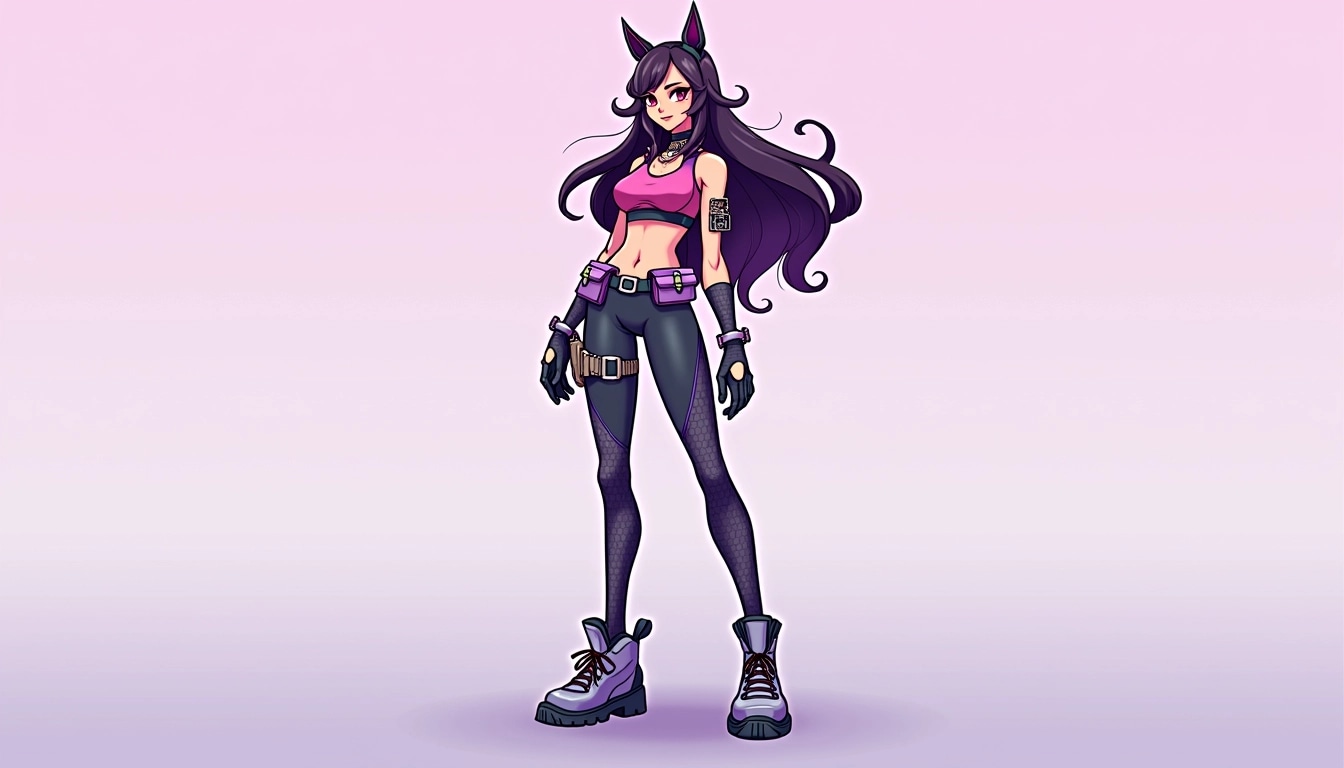 Create a dynamic character design featuring a humanoid figure in an engaging pose on a gradient background transitioning from soft pink to lavender. The character should have long, flowing hair and wear a sleeveless top with a contrasting color scheme.
Change the character’s footwear to futuristic ankle boots and design knee-high leggings with a textured pattern. The character should be in a playful yet confident stance, showcasing an athletic build. Omitting any brand logos, focus on creating unique accessories like a belt with pouches and decorative arm guards. Aim for a stylized, vibrant aesthetic that captures energy and creativity.