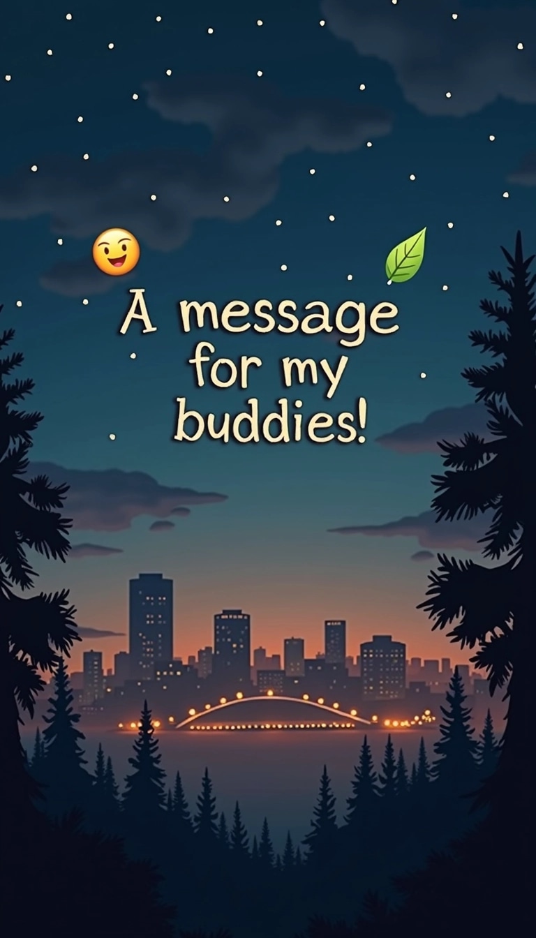 Create an image with a nighttime cityscape view, featuring twinkling lights and a cloudy sky. Add a centered caption that says, "A message for my buddies!" in a casual, friendly font. Incorporate playful emojis like a smiley face and a leaf. Adjust the image tone to be slightly warmer, giving it a cozy feel, while maintaining the sense of connection and camaraderie.