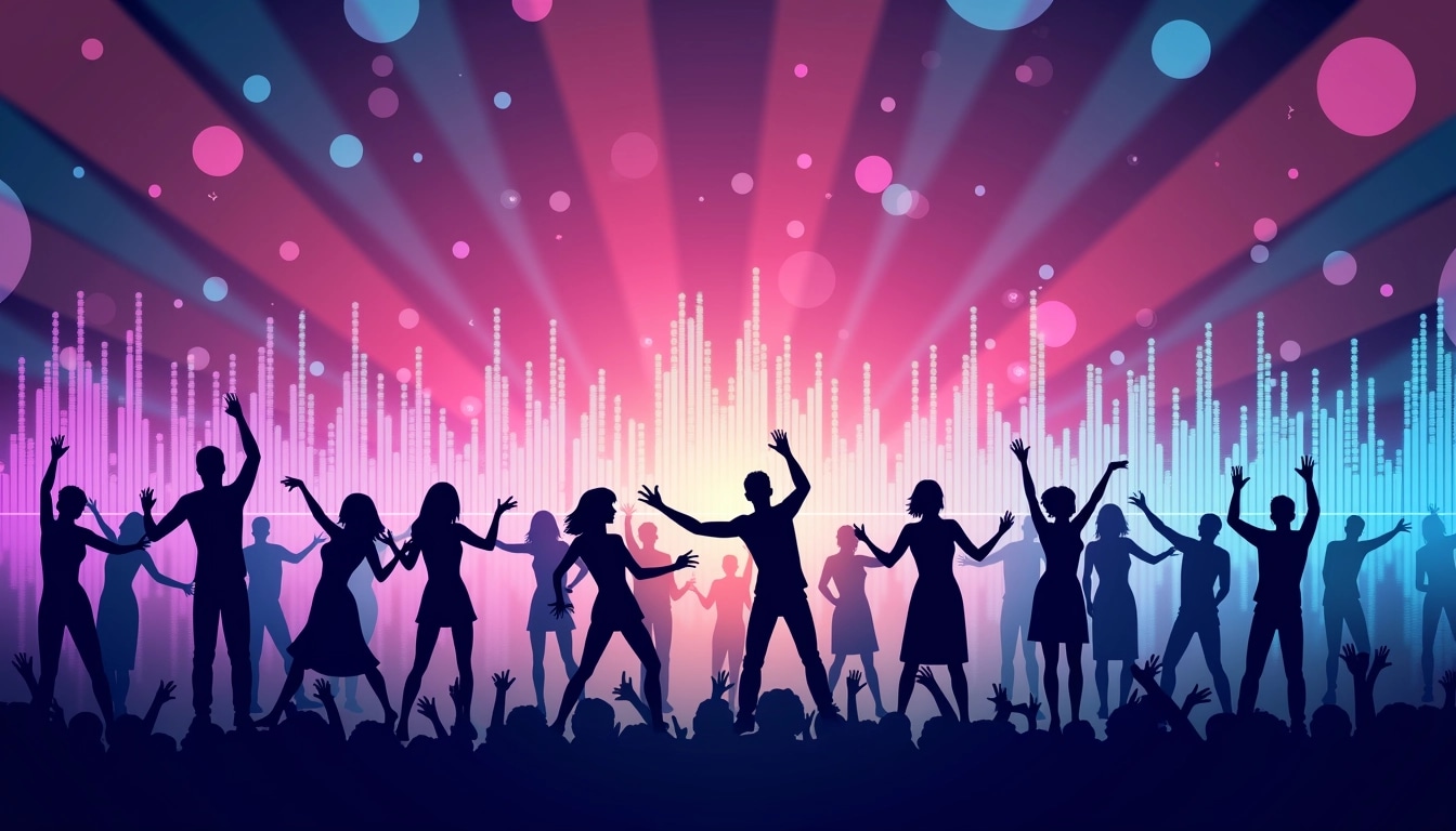 Create a vibrant music-themed graphic featuring a stylized, colorful soundwave pattern in the background with shades of purple, blue, and pink. Incorporate abstract shapes like circles and stars to represent sound and rhythm. Include silhouettes of people dancing in the foreground, with varied poses to convey energy. The scene should evoke a lively atmosphere suitable for a celebration or concert, without any brand references or logos.