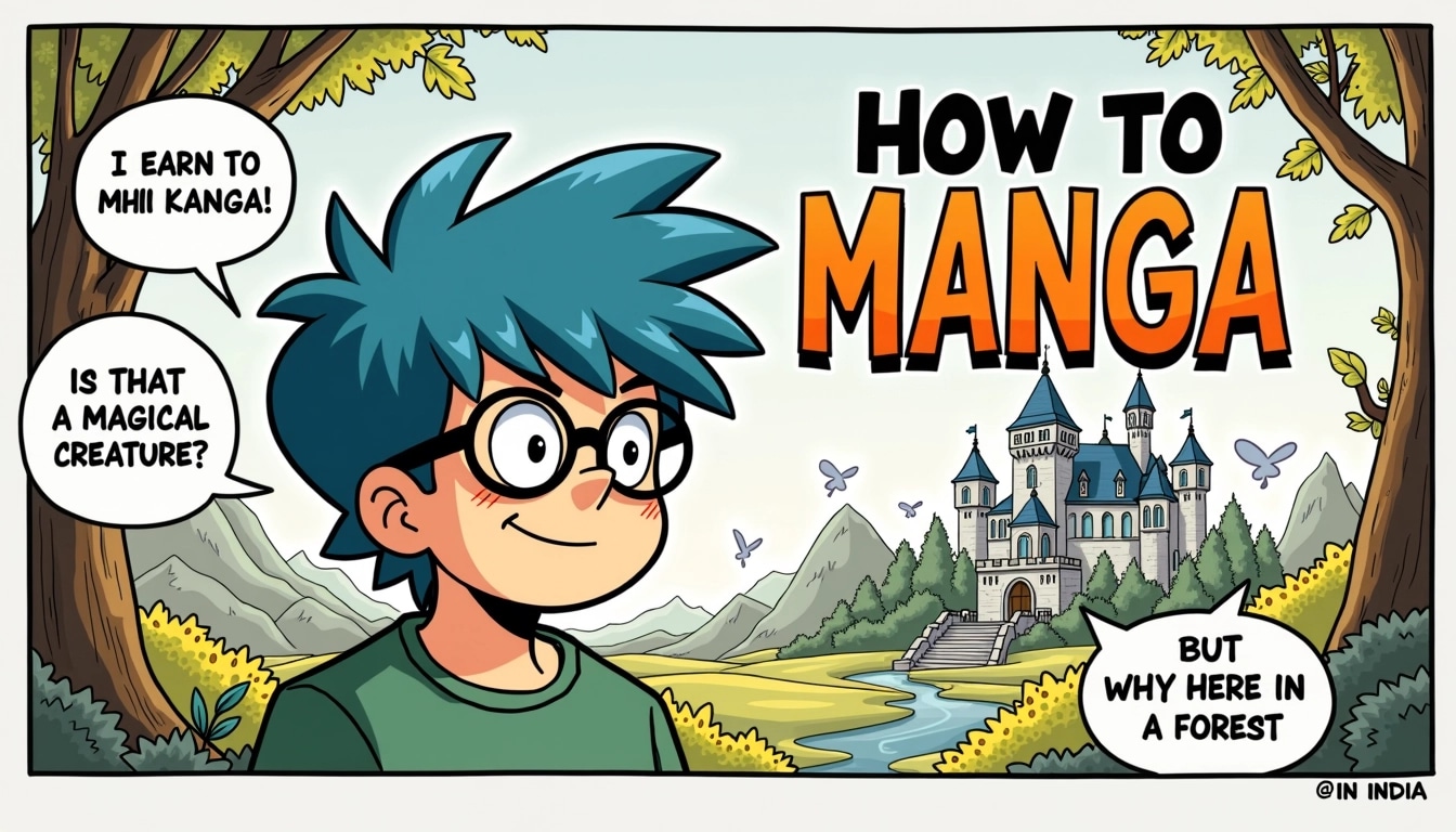 1. **Title Text**: Change "HOW TO MANGA" to "LEARN TO CREATE COMICS" in a bold, playful font.
2. **Character Design**: Alter the character on the left to have different hair color (e.g., blue), wear a green shirt, and have round glasses instead of a plain shirt.
3. **Background**: Replace the comic panels with illustrations of a fantasy landscape featuring a castle and dragons.
4. **Speech Bubbles**: Modify the text inside the speech bubbles with new dialogue, for example:
- "Is that a magical creature?"
- "I think it's a level one knight..."
- "But why here in the forest?"
5. **Color Scheme**: Use brighter, more vibrant colors throughout the image, focusing on yellows, greens, and blues instead of the grayscale theme.
6. **Additional Elements**: Add sparkles and whimsical creatures like fairies or mythical animals around the character.
7. **Geographic Reference**: Replace "IN INDIA" with "IN A FANTASY WORLD".
These changes will create a unique image with a different theme while maintaining a similar layout.