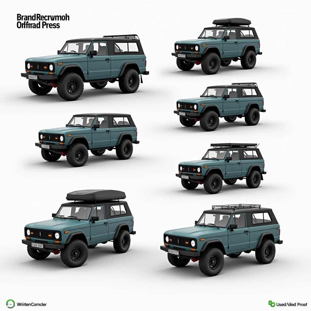 **Design Breakdown for a Modified Off-Road Vehicle:**
1. **Body Shape:**
- Retain the boxy, rugged silhouette for off-road durability.
- Alter the roofline to feature a more aerodynamic shape without the tent.
2. **Color Scheme:**
- Change the exterior color to a matte dark blue instead of olive green.
3. **Wheels:**
- Use a multi-spoke design instead of solid black wheels.
- Increase the wheel size for a more aggressive stance.
4. **Bumpers:**
- Simplify the front bumper design, removing the grill protection.
- Opt for a sleek, integrated LED light bar instead of the prominent attachment.
5. **Windows:**
- Adjust the window tint to a lighter shade for a more modern appearance.
6. **Lighting:**
- Replace circular headlights with rectangular, LED-focused lights to give it a contemporary look.
7. **Details:**
- Remove all brand labels and identifiers for a neutral presentation.
8. **Accessories:**
- Replace the rooftop tent with a sporty luggage rack for additional storage options.
This design retains the rugged utility while offering a fresh, unique appearance.