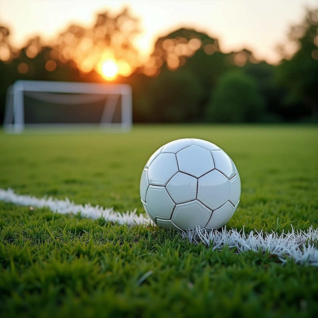 Create an image featuring a close-up view of a plain white soccer ball resting on the edge of a vibrant green field. The background should feature a distant goalpost without any brand logos, surrounded by lush trees at sunset, casting a warm glow. The scene should evoke a calm and inviting atmosphere, emphasizing the beauty of the sports field.