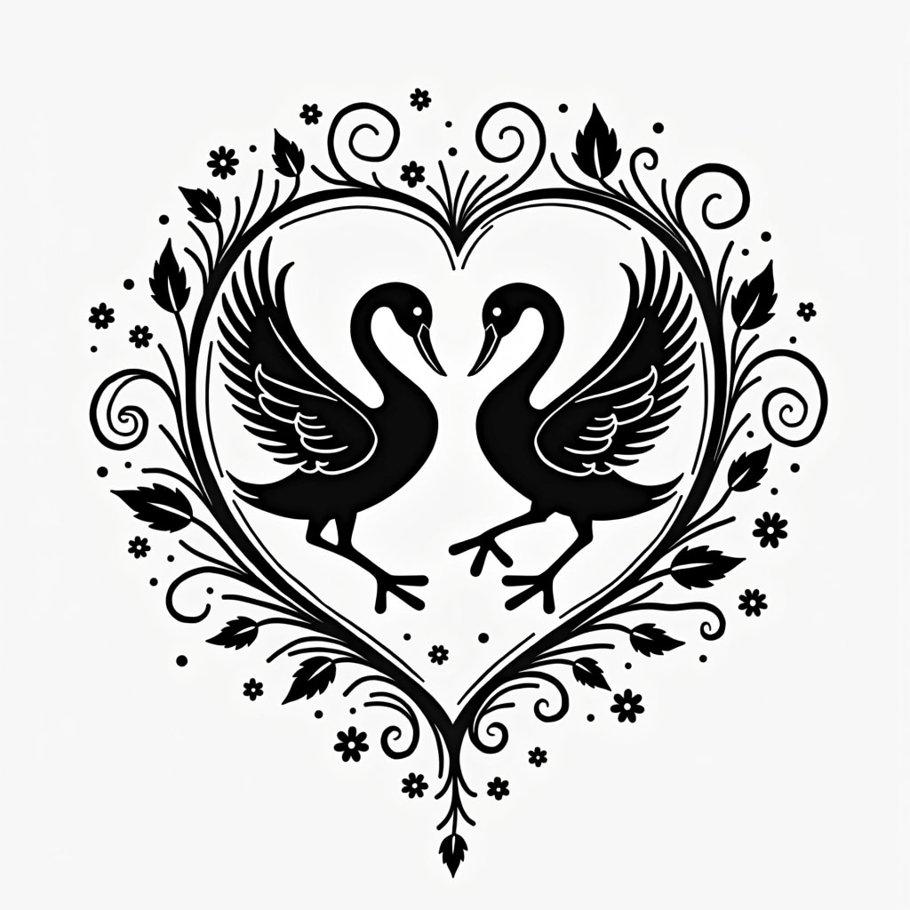 Create an image design featuring two stylized birds facing each other, forming a heart shape with their bodies. Remove any brand references and incorporate the following changes:
1. Replace the birds with two elegant swans instead, maintaining a similar pose.
2. Change the heart shape to a circular design with intricate floral patterns around it.
3. Add abstract elements such as swirling lines and stars around the birds to enhance the romantic theme.
Keep the overall monochromatic style, using shades of black and white for a striking contrast.