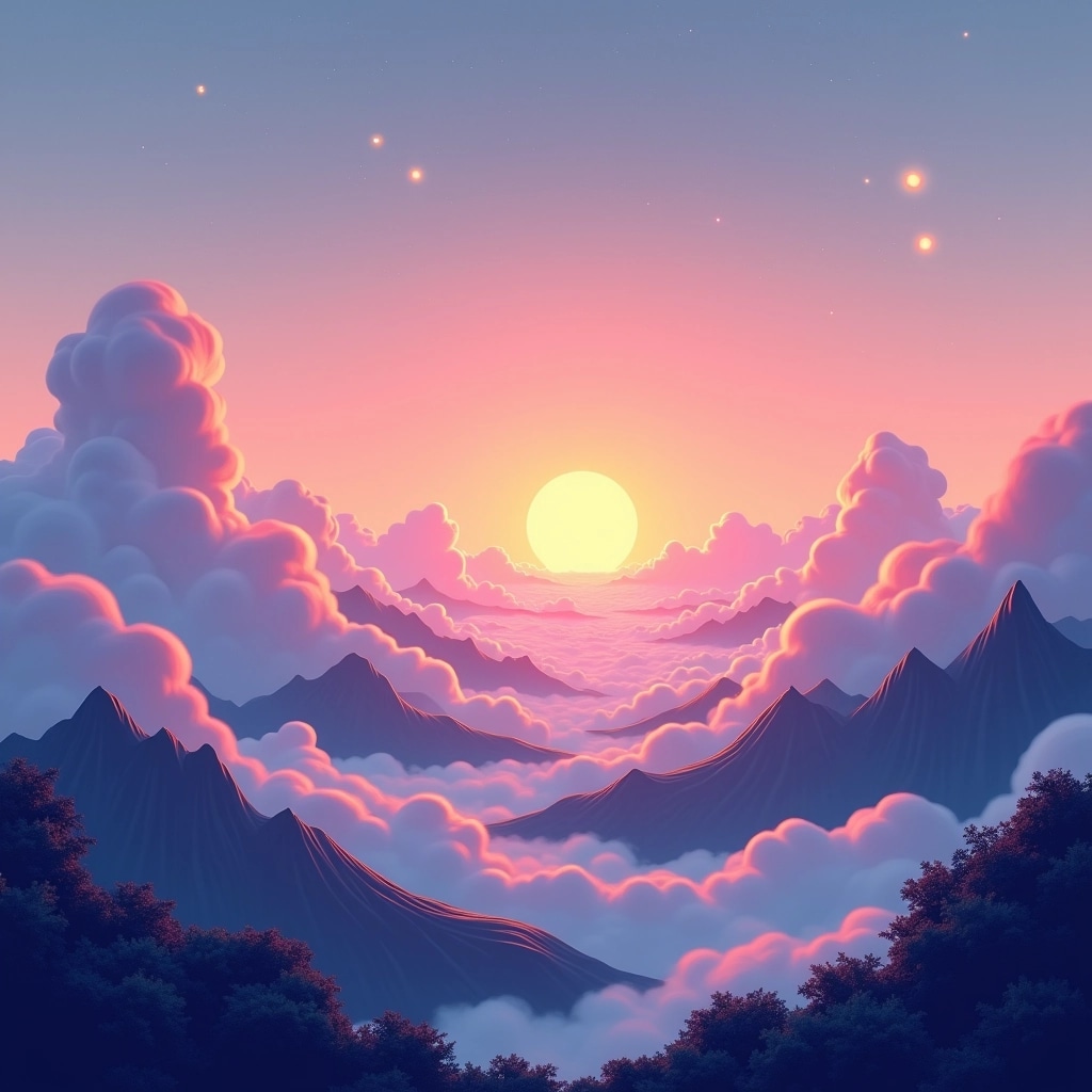 Create a surreal landscape featuring a vibrant sunset peeking through stylized, wispy clouds. Replace the jagged mountain silhouettes with smooth, rolling hills, and incorporate gentle waves of pastel colors in the sky. Enhance the ethereal vibe by adding shimmering light effects and distant celestial bodies, while ensuring no brand references remain visible.