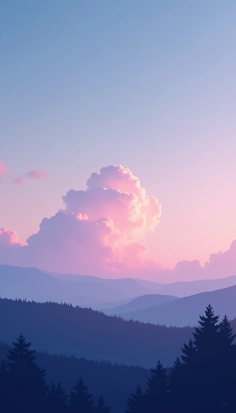Create an image featuring a twilight sky with soft, pastel colors. Replace the sharp clouds with gentle, fluffy ones. Include a silhouette of a rolling hill on the horizon, and add a few delicate tree shapes at the bottom edges, while avoiding any specific brand references. Ensure the overall mood is serene and calming.