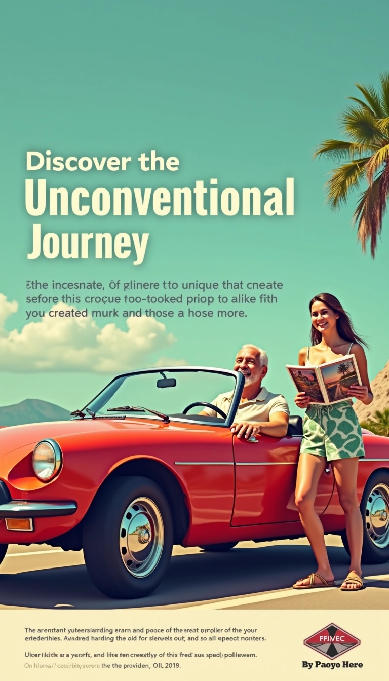 **Design Breakdown Prompt:**
Create an advertisement featuring a unique convertible car, emphasizing its appeal for adventurous individuals.
**Visual Elements:**
1. **Color Scheme:** Use vibrant hues, such as turquoise or lime green, instead of the original red.
2. **Car Model:** Change to a sleek, retro-inspired design without specific brand markings.
3. **Setting:** Place the car in an outdoor scene, like a beach or mountain road, to evoke a sense of freedom.
4. **Characters:** Feature a middle-aged man with a joyful expression in the driver's seat and a younger person reading a travel magazine beside him, in a casual outfit (startling patterned shorts and a simple top).
**Text Elements:**
1. **Headline:** "Discover the Unconventional Journey."
2. **Body Copy:** Highlight the car's unique features and its suitability for free spirits who seek adventure, using playful language about unexpected choices in life.
**Layout:**
1. Position the car prominently in the center, with the characters on either side.
2. Ensure the text is minimal yet engaging, using an easy-to-read font, and place it at the bottom or top of the image.
**Imagery Style:**
- Apply a vintage filter for a nostalgic feel, reminiscent of the 60s without overt brand references.
**Instructions:** Ensure all characters are portrayed in a lighthearted, fun manner, focusing on the joy of exploration.