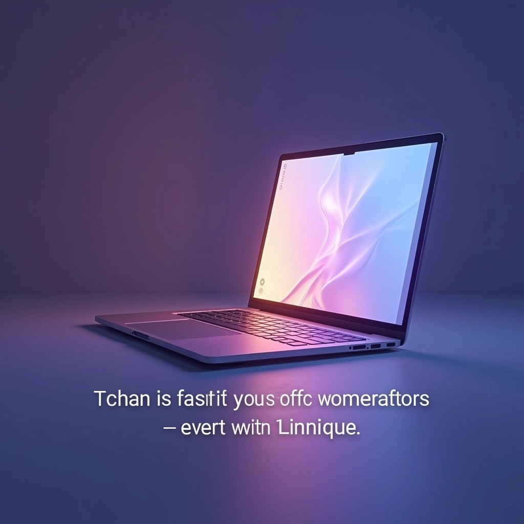 Create an image of a sleek, modern laptop with a slightly larger screen and a more angular design. The laptop should have a silver finish and a minimalistic keyboard layout. The screen should be illuminated with a soft, warm light, casting a gentle glow on the surroundings. Change the background to a gradient of light purple to dark blue. Remove any brand logos or references, and replace the text with a simple, inspiring quote about creativity in a elegant, sans-serif font at the bottom.