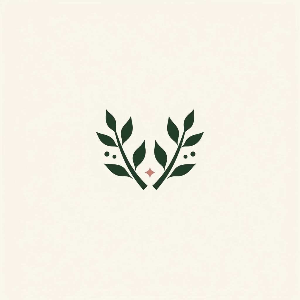 Create an emblem featuring two symmetrical and stylized branches curving outward. Change the leaf shape to a more rounded, softer appearance and incorporate a few blossoms interspersed among the leaves. Remove any brand reference and aim for a minimalistic line art style without intricate details, ensuring it has a clean, modern look.