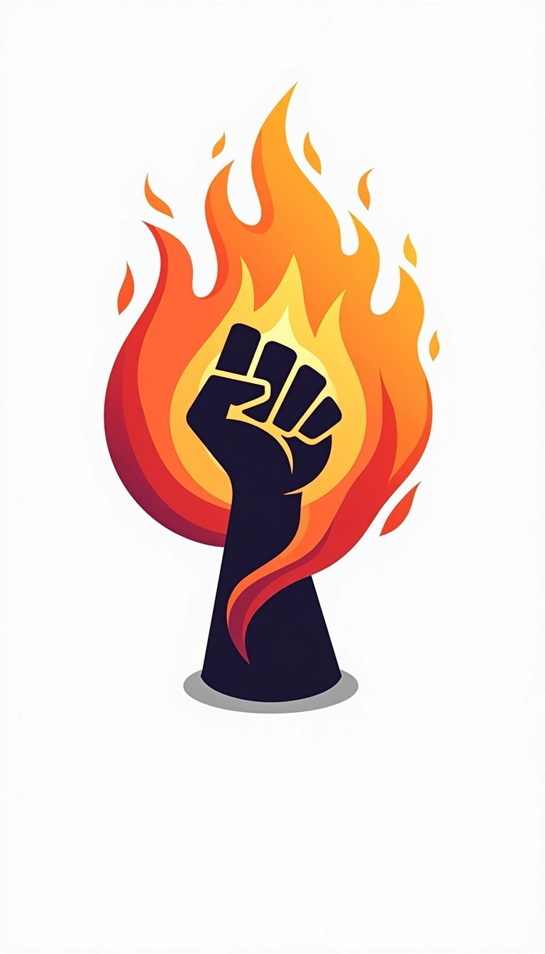 Design a graphic featuring a clenched fist raised upward with a more stylized, abstract flame encircling it. Change the fist to be more exaggerated in proportions, with a smoother, cartoonish style. Replace the flames with a swirl of vibrant colors like red, orange, and yellow in a more fluid pattern, removing any sharp edges. Use a simple white background to enhance the focus on the fist and colors, avoiding any brand references.