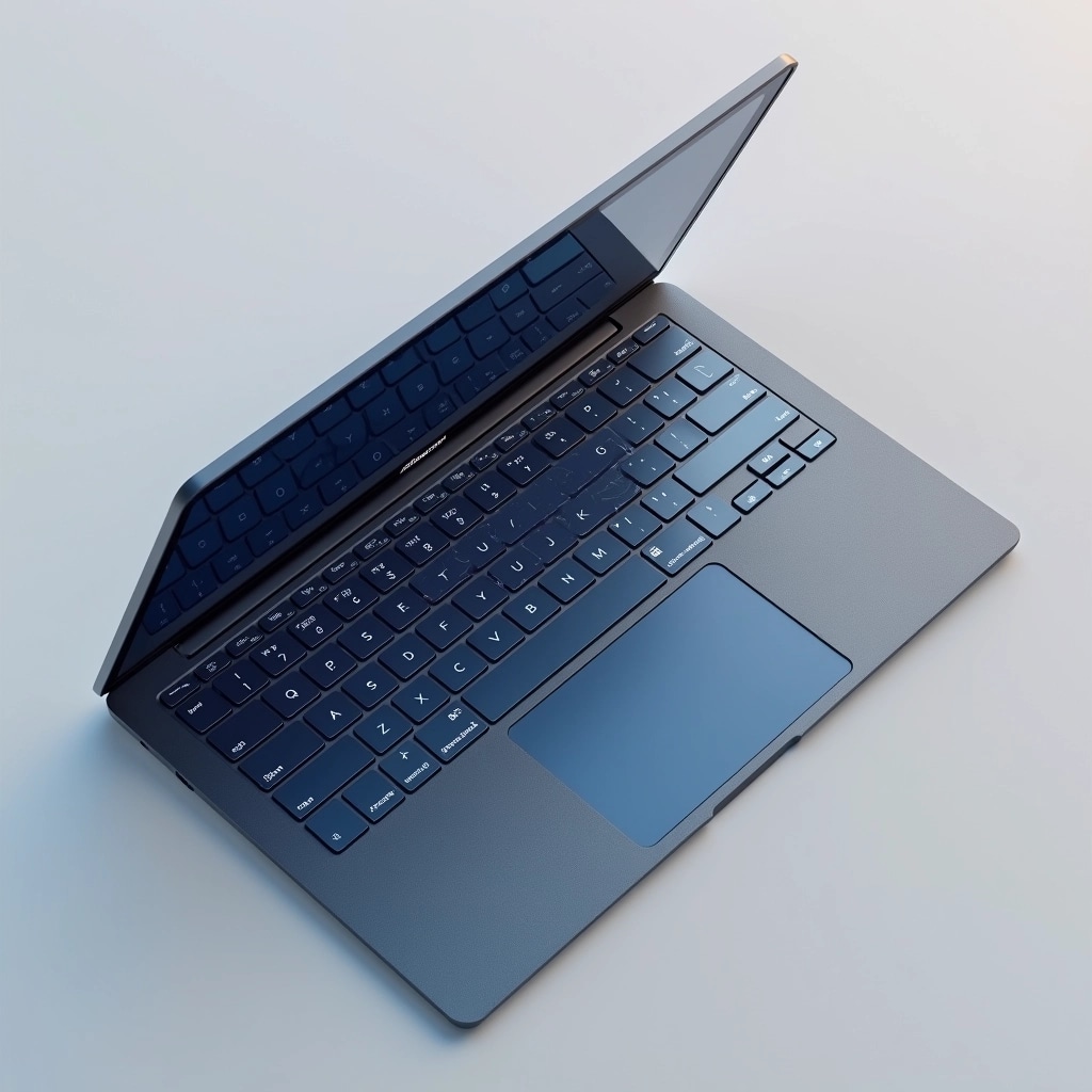 Design a sleek, modern laptop with a minimalist aesthetic. The device should feature a curved, seamless body with an elevated keyboard that lights up. Instead of a traditional hinge, use a flexible joint allowing for a wider angle between the screen and keyboard. Remove any brand logos, and incorporate a textured surface for added grip. The color scheme should be a gradient blend of deep blue and silver, providing a sophisticated look. Include a wireless charging pad integrated into the base for convenience.