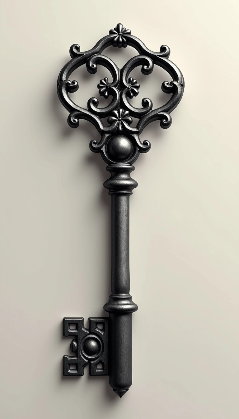 Design a vintage key with a more simplistic, modern aesthetic. Replace the ornamental head with a sleek, geometric shape, and change the flower motif to a subtle swirl pattern. Remove any decorative vines hanging from the key. The shaft should have a brushed metal finish instead of a wood-like texture, and the overall color scheme should be a monochromatic palette, perhaps in shades of gray or black. The background can feature a soft gradient to highlight the key without any branding elements.