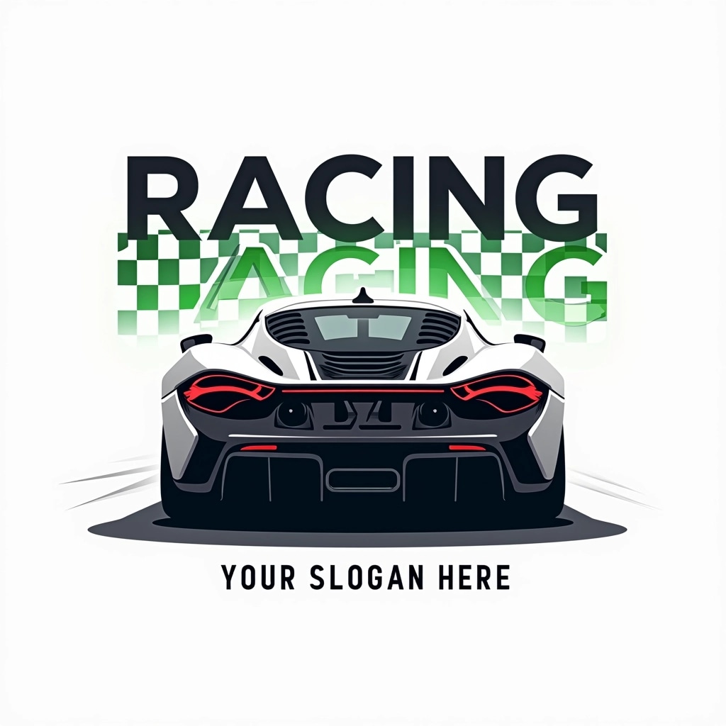 Design an image featuring a sleek sports car viewed from the rear, incorporating dynamic lines to suggest speed. Replace the checkered pattern with bold diagonal stripes. Use a clean, modern font to display “RACING” in large, black letters with a vibrant green accent on “ING.” Include a placeholder text “YOUR SLOGAN HERE” beneath in a smaller, gray font. The background should be minimalistic, emphasizing the car's design and text.