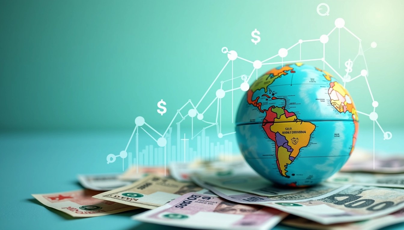 Create an image featuring a stylized globe with interconnected lines representing global trade, surrounded by various abstract currency symbols (like currency signs without specific brands). Below the globe, place a collection of assorted banknotes fanned out, but change the currency to more generic designs without identifiable features. Add an upward trend chart overlay in a bright color to convey growth and progress. Use a soft blue and green color palette for a modern, tech-inspired look.