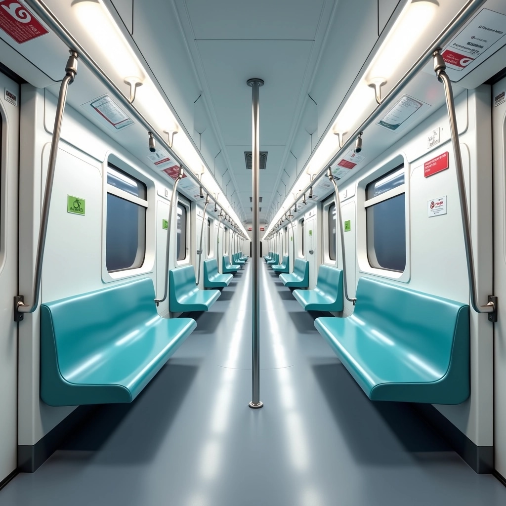 Create a design for a subway train interior with a modern aesthetic. The walls should be a sleek white with soft, ambient LED lighting along the ceiling. Replace the existing seating with curved, ergonomic benches in a gradient of teal to light blue. Utilize a different arrangement for overhead grip bars, opting for a minimalist, streamlined look. Remove any recognizable signage and replace it with simple icons for accessibility. Include large windows and a clean, grey flooring material to enhance the spacious feeling of the interior.