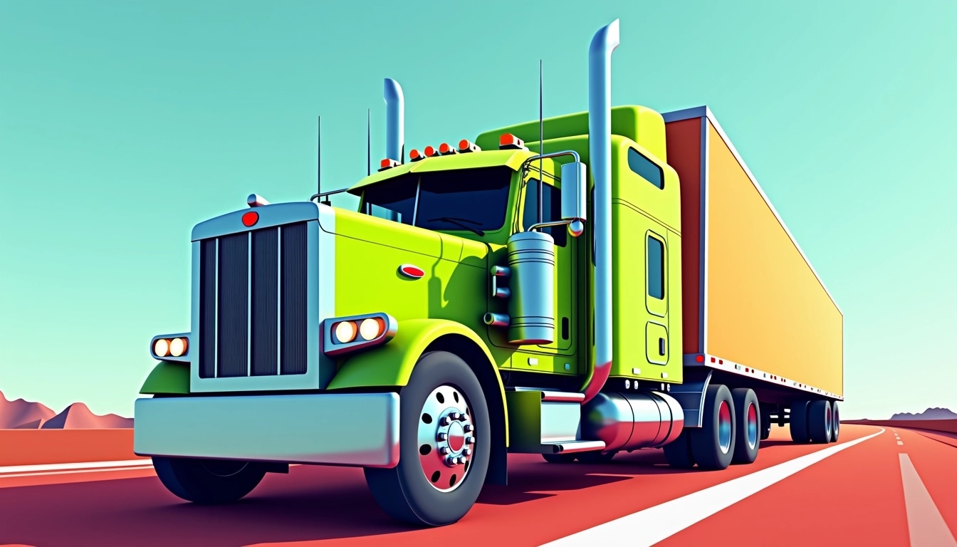 Design a stylized image of a large truck with a prominent front grille, featuring a sleek silhouette. Change its color to bright green and add exaggerated chrome accents. Instead of the traditional exhaust pipes, incorporate a unique design resembling curved chrome tubes. Place the truck on a sunlit highway background, and replace the red backdrop with a light blue sky for a more vibrant look. Ensure there are no brand references or logos visible.