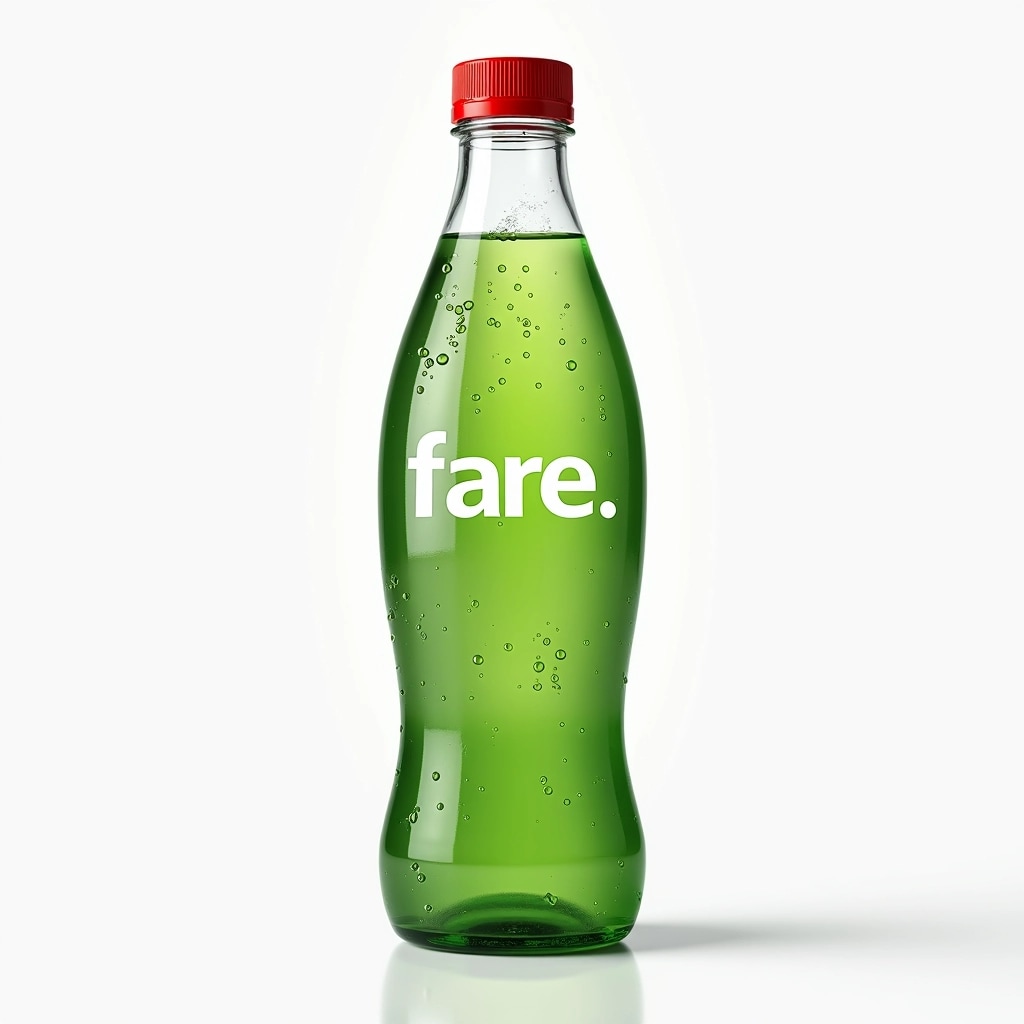 Design a glass bottle that is slightly taller and slimmer, with a smooth, rounded body. Replace the red cap with a silver one. The label should be a solid green color, featuring a modern, sleek font in white for the brand name. Add small bubbles on the surface of the bottle, emphasizing the refreshing nature of the beverage inside.