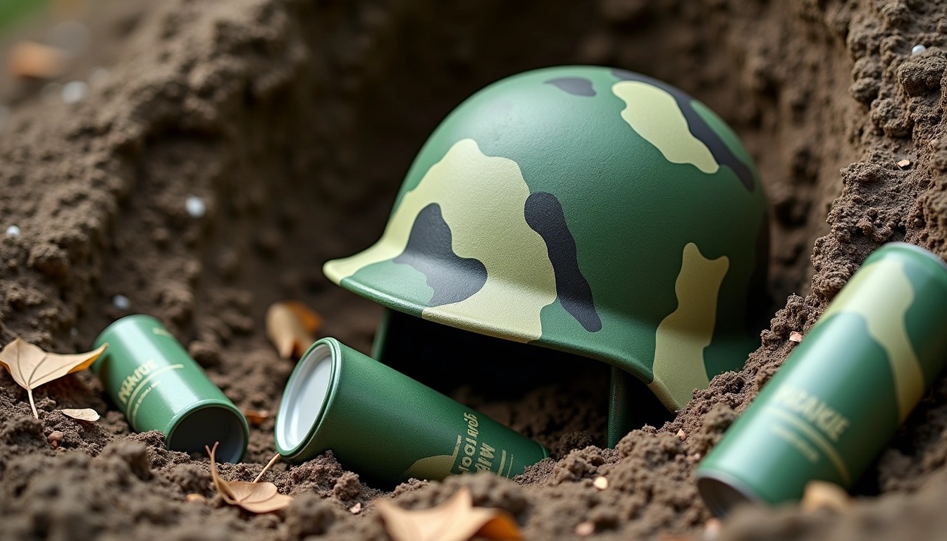 Create an image that depicts a camouflage helmet resting in a shallow pit, surrounded by crumpled paper and plastic debris. Replace any branding with generic containers featuring a subtle green color scheme. Add some twigs and dried leaves scattered around to enhance the natural setting.