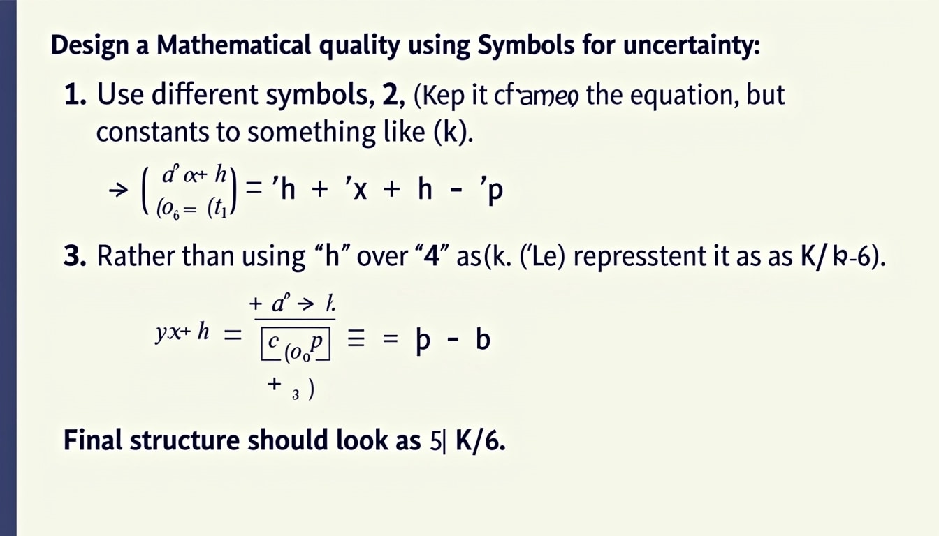 Design a mathematical inequality using symbols for uncertainty:
1. Use different symbols, such as "Δx" and "Δp".
2. Keep the format of the equation, but change the constants to something like "k".
3. Rather than using "h" over "4π", represent it as "K / 6".
Final structure should look like this:
ΔxΔp ≥ K / 6