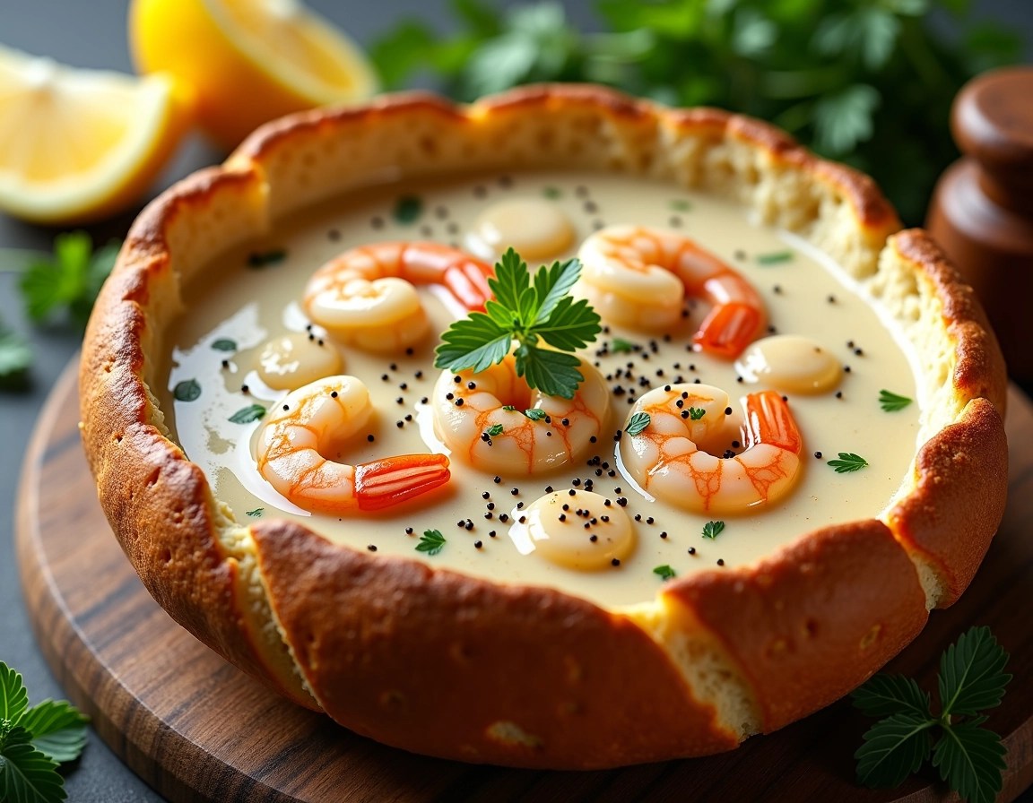 Create an image of a creamy seafood soup served in a rustic, round bread bowl. The bowl is golden-brown with a textured crust, topped with fresh herbs like parsley. The soup contains large pieces of shrimp and scallops, with a sprinkle of black pepper for contrast. Surrounding the bread bowl, there are scattered herbs and a hint of lemon wedges in the background, creating a warm and inviting atmosphere.