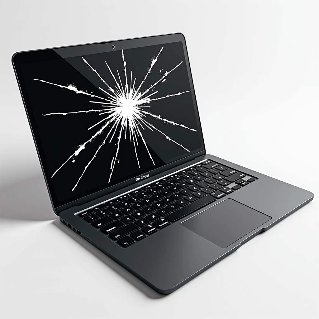 Design a 3D illustration of a laptop with a cracked screen effect, but change the casing color to black and alter the screen crack pattern to a more symmetrical design. Remove any logos or brand identifiers from the laptop. The keyboard should have a different layout and a slightly modernized key design for a sleek appearance.