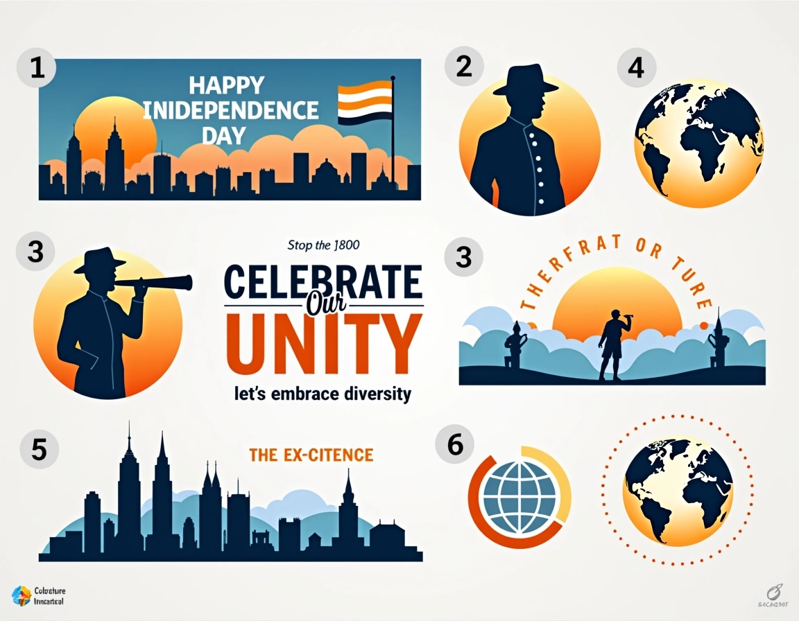 **Design Breakdown:**
1. **Background**:
- Change the gradient from a blue tint to a sunset orange.
2. **Main Element**:
- Replace the flag with a stylized abstract representation of the earth, symbolizing global unity instead of a national flag.
3. **Silhouette**:
- Change the figure from a soldier using a telescope to a person holding a globe, representing peace and inclusivity.
4. **Structures**:
- Replace the historical buildings with modern skylines of diverse cities, emphasizing a forward-looking perspective.
5. **Text**:
- Change "HAPPY INDEPENDENCE DAY" to "CELEBRATE OUR UNITY" and modify the subtitle to "let’s embrace diversity."
6. **Icon**:
- Remove the country flag icon and replace it with a globe icon to represent global harmony.
7. **Color Palette**:
- Utilize vibrant colors that represent diversity rather than a specific national color scheme.
This design shift illustrates a universal theme of unity and celebration without specific national references.