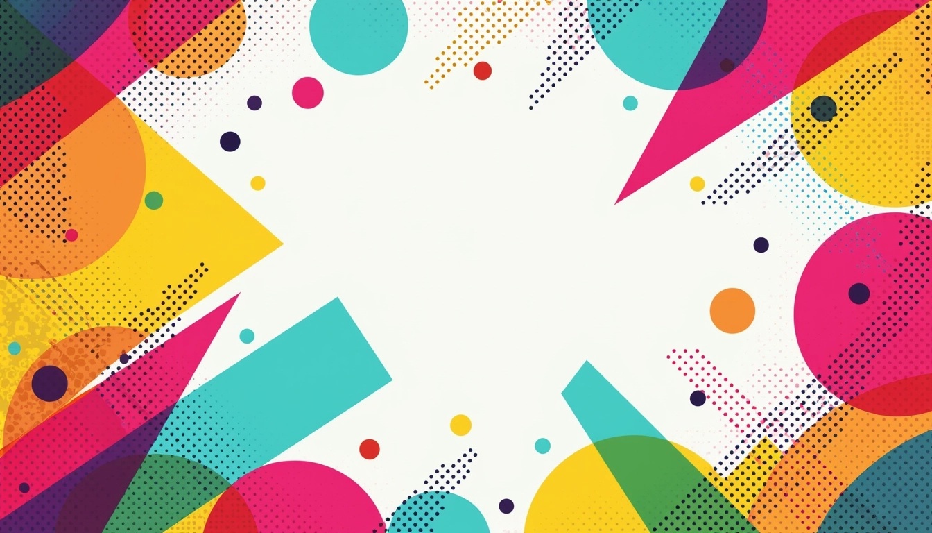 Create an abstract design featuring vibrant colors like pink, yellow, and turquoise. Introduce geometric shapes such as triangles and circles, overlapping them with bold diagonal lines. Use a dotted texture throughout to add depth, and incorporate a layered effect to enhance dimensionality. Ensure the design is dynamic and energetic, conveying a sense of movement without including any brand references.
