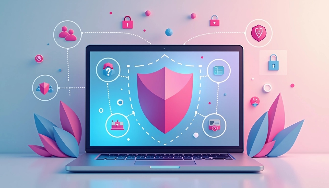 Create an image featuring a laptop with an abstract shield icon on the screen, symbolizing security. Instead of brand references, incorporate various geometric shapes and softer pastel colors for the background. Surround the laptop with icons representing different facets of digital safety, like data encryption and privacy settings, but use a more minimalistic style. The overall design should evoke a sense of modern technology and protection without any specific branding elements.