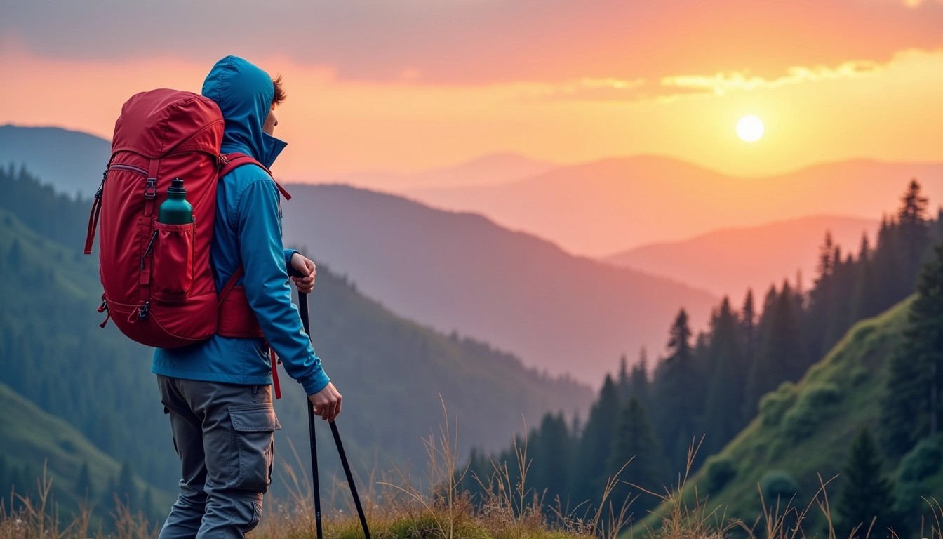 **Image Design Breakdown Prompt:**
1. **Background:**
- Change the sky to a sunset gradient, featuring shades of orange, pink, and purple.
- Replace the mountain range in the distance with rolling hills covered in lush greenery.
2. **Foreground:**
- Alter the figure's outfit to a blue windbreaker and gray cargo pants.
- Replace the backpack with a smaller, bright red daypack.
3. **Accessories:**
- Add a trekking pole to the figure's hand.
- Include a water bottle attached to the side of the daypack.
4. **Lighting:**
- Soften the lighting to create a warm, golden hour effect, enhancing shadows and highlights.
5. **Overall Mood:**
- Shift the mood to a sense of peaceful adventure, emphasizing exploration and tranquility.