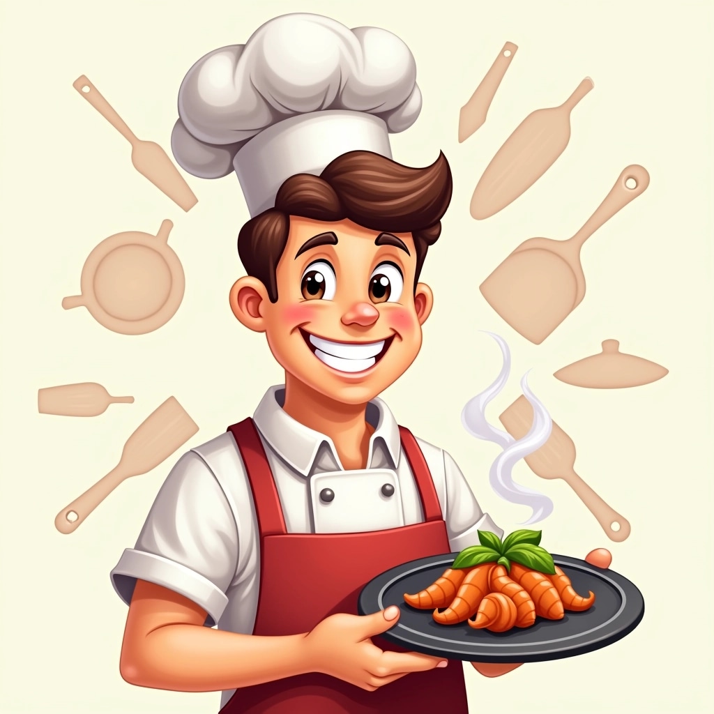 Create an illustration featuring a cheerful chef with a different hairstyle, sporting a tall hat and a playful smile. He holds a round serving platter with steam rising from it, indicating a freshly prepared dish. Change the chef's outfit to a colorful apron instead of a traditional uniform, and incorporate a background with cooking utensils instead of text or brand references.