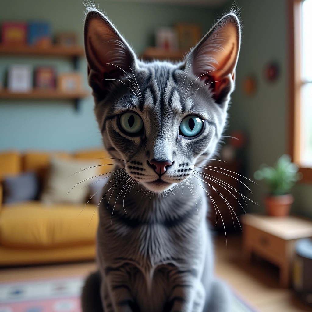 **Design Breakdown:**
1. **Subject:** A sleek, slender cat with unique features.
- **Change:** Modify the fur color to a deep gray, and adjust the eye color to a bright blue.
2. **Focus:** The cat's face is the focal point; it displays curiosity or a slight attitude.
- **Change:** Alter the expression to appear more playful.
3. **Background:** A home setting with shelves and household items visible.
- **Change:** Replace the shelf items with books and toys, creating a more vibrant, cozy atmosphere.
4. **Lighting:** Bright, natural light enhances the subject.
- **Change:** Introduce softer, diffused lighting to create a warmer ambiance.
5. **Framing:** The cat is prominently positioned in the foreground.
- **Change:** Shift the perspective slightly lower, giving a more grounded view of the cat.
6. **Color Palette:** Muted colors in the background emphasize the subject.
- **Change:** Add a subtle splash of color to the background elements for more visual interest.