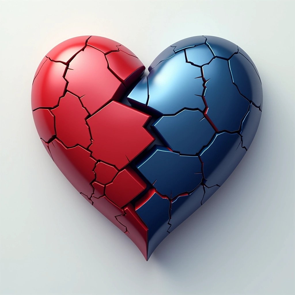**Design Breakdown Prompt:**
Revise the image of a shattered heart by incorporating the following changes:
1. **Color Alteration**: Change the heart's color from red to a deep blue.
2. **Shape Variation**: Modify the heart shape to be more abstract, featuring sharper angles and a more geometric design.
3. **Texture Adjustment**: Make the surface matte instead of glossy, so it appears more textured and less shiny.
4. **Background Change**: Replace the gradient background with a solid light gray to emphasize the heart shape.
5. **Cracking Pattern**: Introduce larger, more exaggerated cracks, with some pieces appearing to float away from the main body.
These adjustments will yield a fresh interpretation of the original design without brand references.